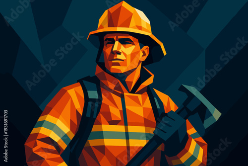 Firefighter in orange uniform holding a hammer, confident expression, geometric art style