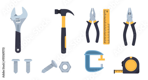 Hand Tools Collection for DIY & Repair: Wrench, Hammer, Pliers, Screws, Tape Measure & More - Flat Vector Illustration for Home Improvement