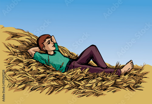 Vector drawing. A boy laying in a hay