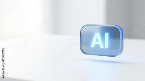 Blue glassy AI button floats above a clean surface. Artificial intelligence symbol for technology and innovation concept introduction.