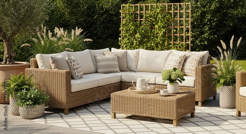 Outdoor patio furniture set in natural wicker surrounded by greenery
