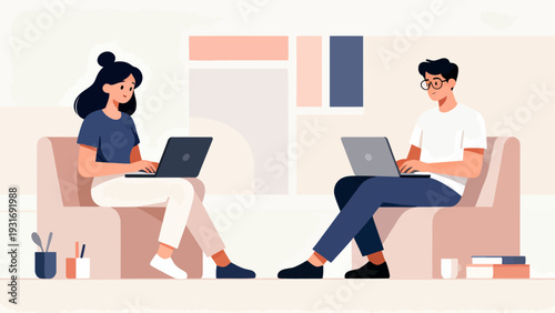 Two people sitting in a room, one of them is typing on a laptop. The other person is also typing on a laptop. The room has a casual and relaxed atmosphere