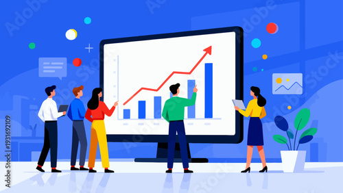 A group of people are standing in front of a large monitor with a graph on it. They are looking at the graph and pointing at it. Scene is focused and serious