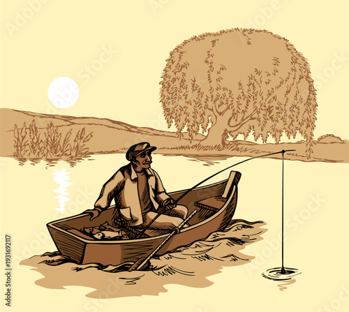 Vector drawing. Fisherman in the boat