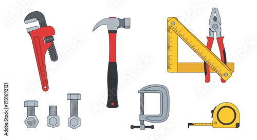 Essential Hand Tools Collection: Pipe Wrench, Hammer, Pliers, Ruler, Clamp, Tape Measure for DIY, Construction, and Home Repair Projects