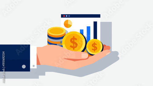 A hand holding a pile of coins and a dollar bill. The coins are of different sizes and colors, and the dollar bill is yellow. Concept of wealth and prosperity