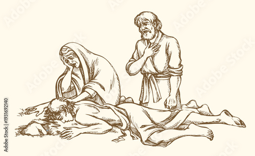 Vector drawing. People look at man laying on the ground