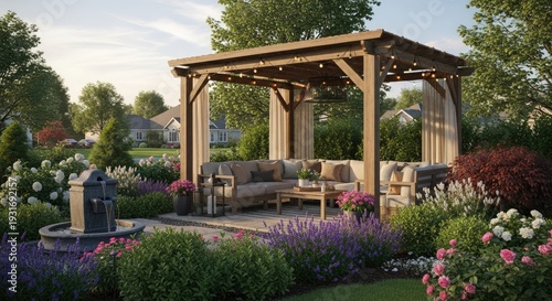 Outdoor patio with pergola and landscaping perfect for relaxation and leisure