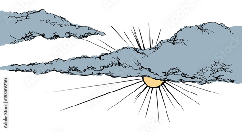 Vector drawing. Sun on cloudy sky