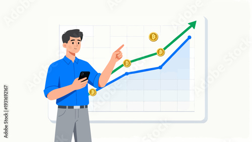 A man is pointing at a graph with a phone in his hand. The graph shows the value of Bitcoin increasing over time