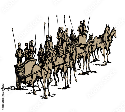 Vector drawing. Army on chariots
