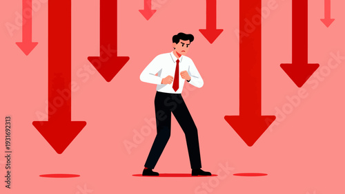 A man in a white shirt and black pants is punching a red arrow. Concept of frustration and anger, as the man is fighting against the downward trend represented by the arrows