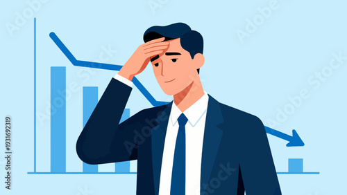 A man in a suit is looking at a graph with a downward trend. He is shaking his head in disbelief