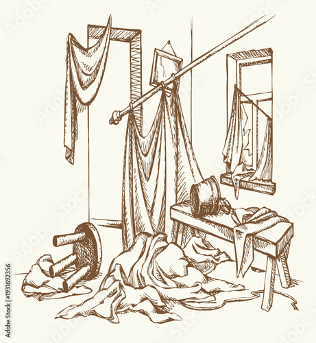 Vector drawing. Cluttered room view.