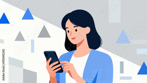 A woman is looking at her cell phone. The image is a cartoon of a woman with a blue jacket and white shirt. The background is a gray and white color with a lot of shapes