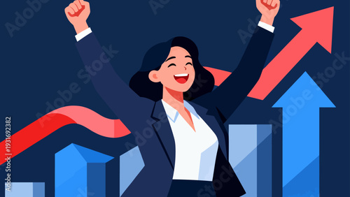 A woman is shown with her arms raised in the air, smiling and looking up at a graph with a red line. The graph appears to be showing a positive trend