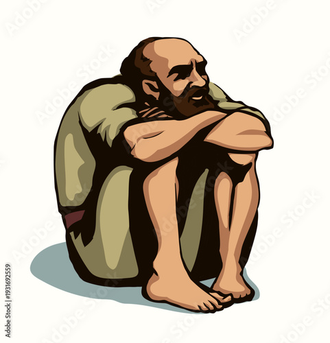 Vector drawing. Man sitting on the ground