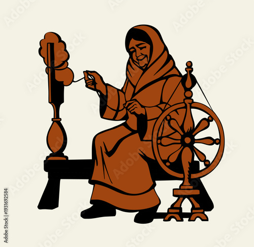Vector drawing. Grandmother with a Spindle