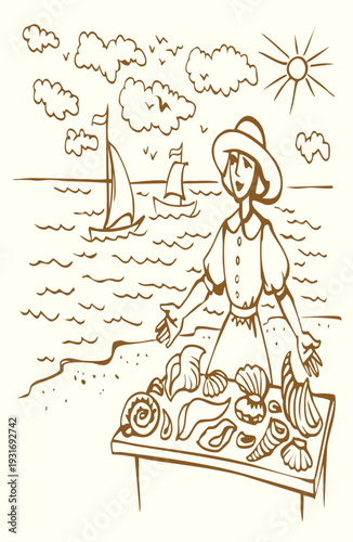 Vector illustration of a girl selling shells.