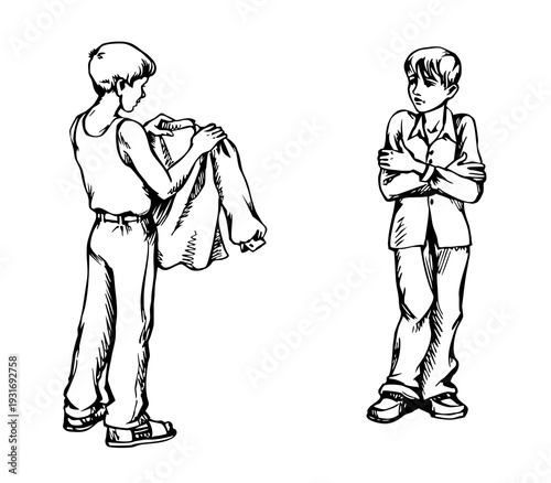 Vector drawing. The boy is picking up his shirt