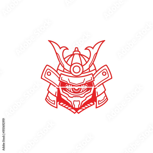 Stylized Red Samurai Helmet Icon with Cybernetic Eye - Warrior Spirit Vector