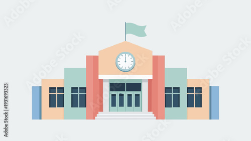 School Building with Clock and Flag Flat Icon for Education Apps and Websites