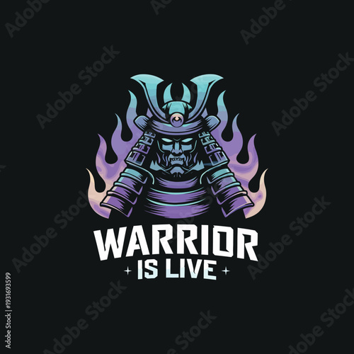 A fierce samurai warrior in armor with colorful flames, perfect for gaming or martial arts designs