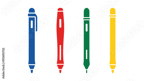 Four colorful markers with retractable caps displayed side by side
