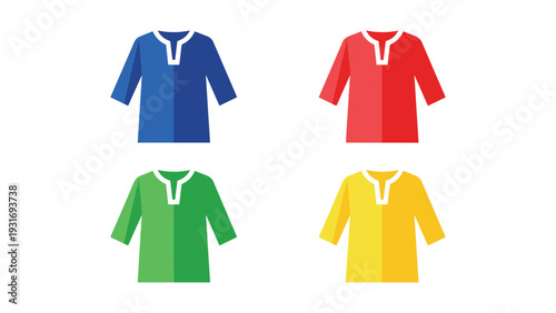 Four colorful short-sleeved v-neck t-shirts displayed in a grid layout