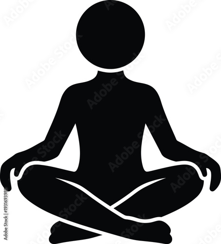 Black Silhouette Person Meditating in Lotus Position Isolated on White