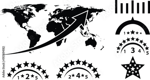 Black World Map with Rating Stars and Arrow