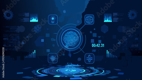 Abstract digital background with glowing brain and technological elements