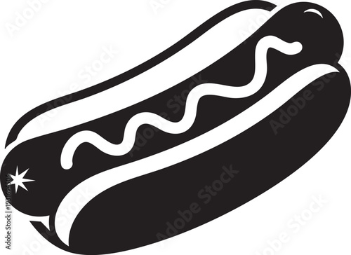 A simple black and white illustration of a hot dog with condiments on a bun viewed from the side