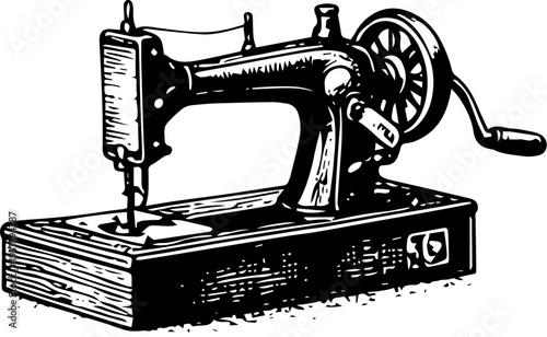 Vintage Hand Crank Sewing Machine Engraved Illustration