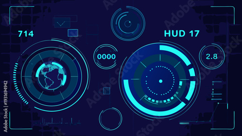 Futuristic heads up display with a globe and various data visualizations