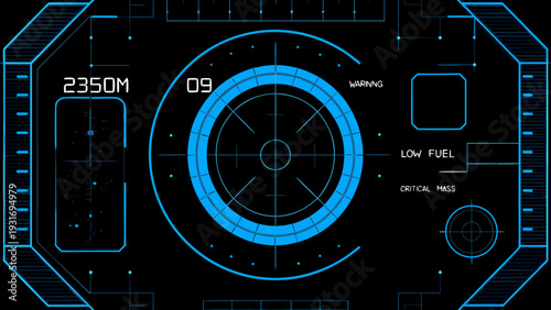 Futuristic heads up display showing targeting reticle and critical system warnings