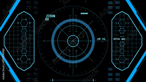Futuristic heads up display with targeting reticle and digital information panels