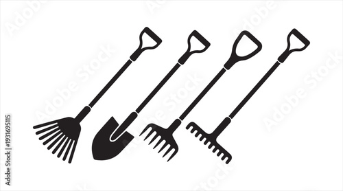 Gardening equipment icon pack shovel rake and farm tools black vector set isolated on white background