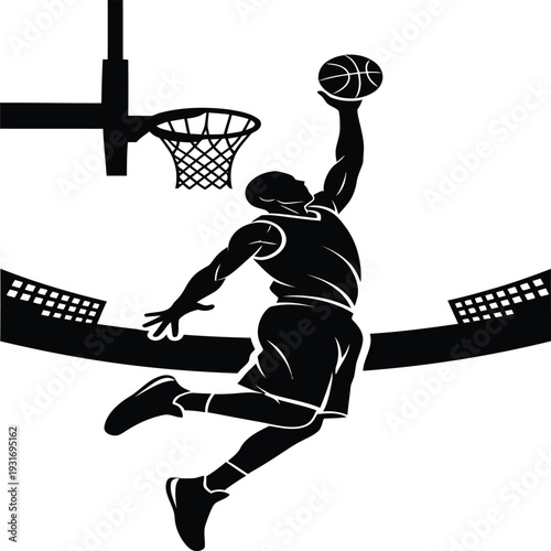 Basketball Player Slam Dunk Black Silhouette Vector Icon