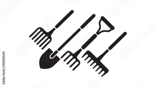 Garden tools icon set with shovel and rake equipment black silhouette vector collection isolated on white background