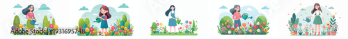 vector of a woman happily watering flowers in spring