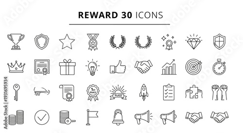 Collection of thirty simple line icons representing various rewards and incentives.