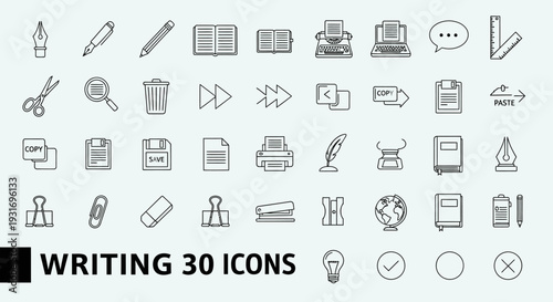 Collection of thirty simple line icons related to writing and office tasks.