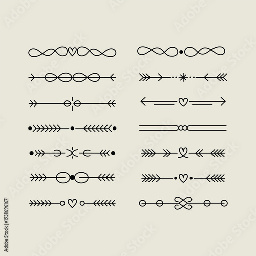 Set of black arrows and lines with decorative elements and symbols  graphic resources