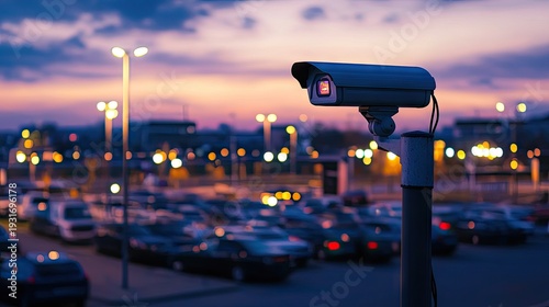 Surveillance Camera on a Poles Overlooking a Parking Lot at Dusk with Blurred Bokeh Lights in the Background, Safety and Security Concept