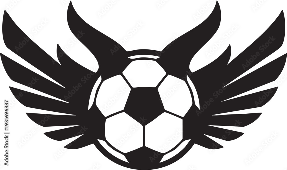 Obraz premium Flying soccer ball with wings logo, football championship emblem, winged sports ball vector illustration.
