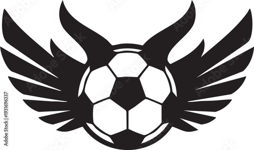 Flying soccer ball with wings logo, football championship emblem, winged sports ball vector illustration.