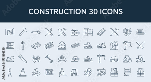Set of thirty construction icons in simple line style for building and renovation projects.