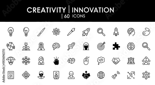 Collection of sixty black and white icons representing creativity and innovation concepts.