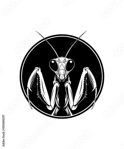 Detailed black and white vector graphic illustration of a fierce praying mantis insect head and claws design
